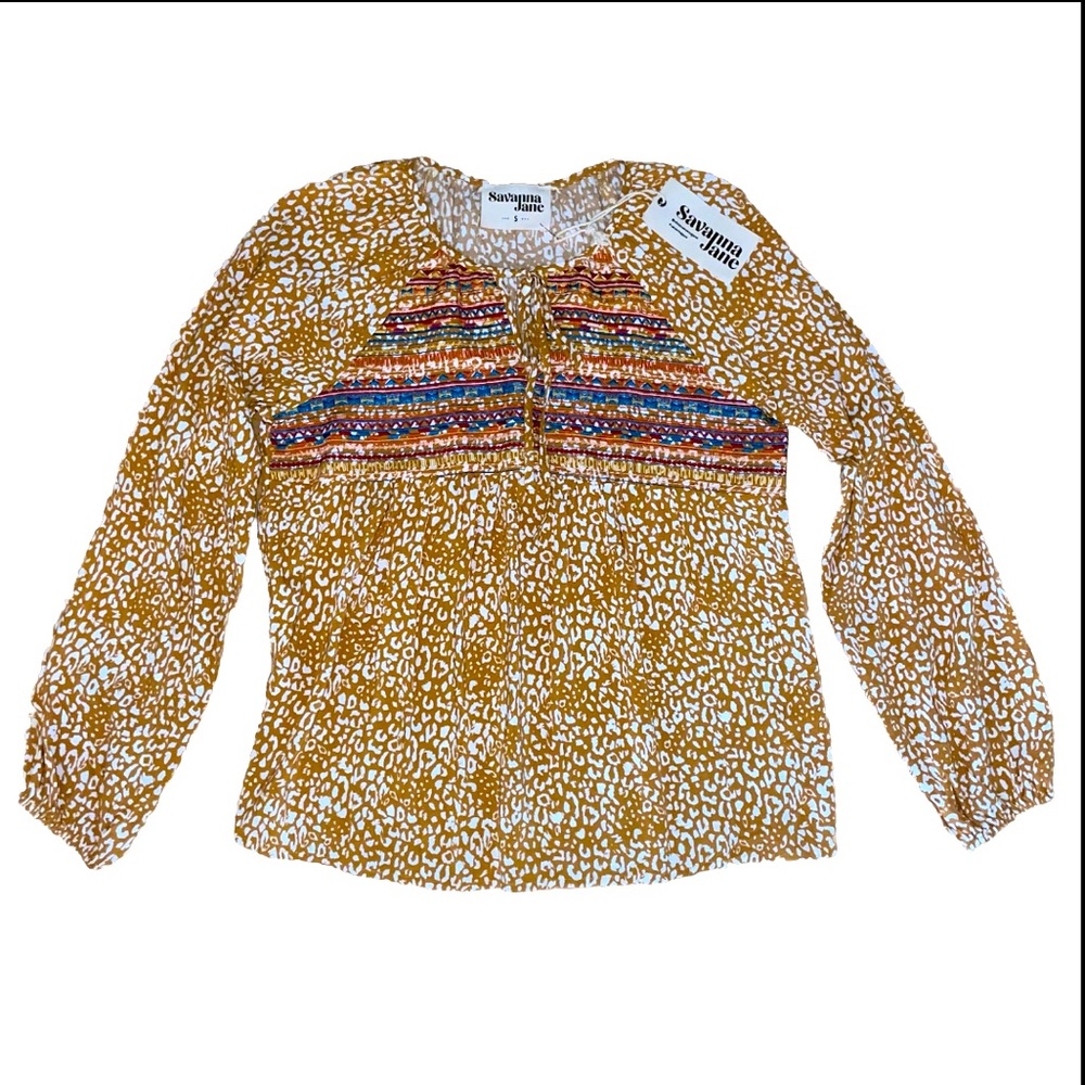 NWT Savanna Jane‎ Gold Leopard Print Embroidered Long Sleeve Blouse Size: Small
